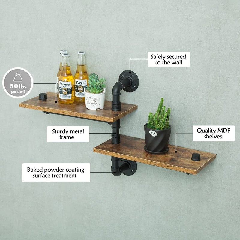 MAIKAILUN 2 Tier Industrial Shelves, Industrial Pipe Shelving, Pipe Corner Shelves with Wood Planks, Floating Shelves Wall Mounted, Retro Rustic Industrial Shelf for Bar Kitchen Living Room - Image 3