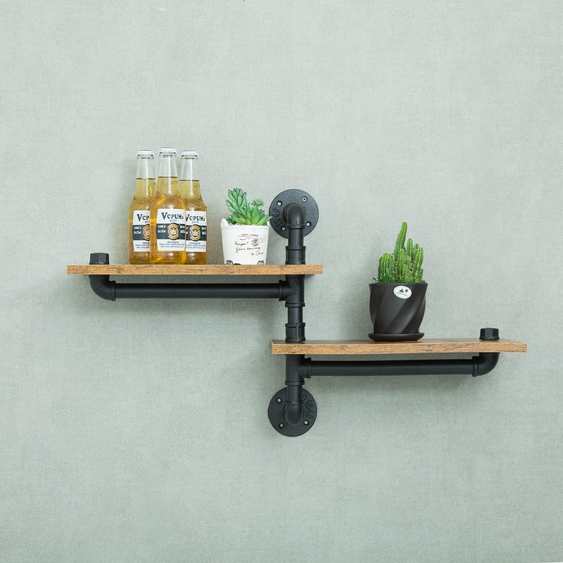 MAIKAILUN 2 Tier Industrial Shelves, Industrial Pipe Shelving, Pipe Corner Shelves with Wood Planks, Floating Shelves Wall Mounted, Retro Rustic Industrial Shelf for Bar Kitchen Living Room - Image 4