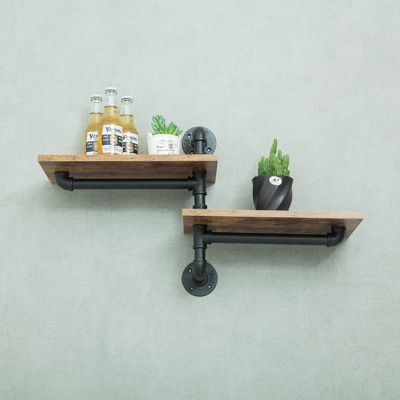 MAIKAILUN 2 Tier Industrial Shelves, Industrial Pipe Shelving, Pipe Corner Shelves with Wood Planks, Floating Shelves Wall Mounted, Retro Rustic Industrial Shelf for Bar Kitchen Living Room - Image 5