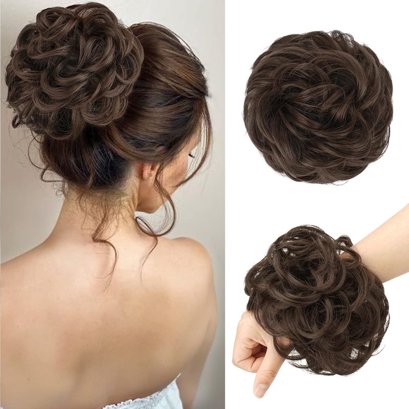 FESHFEN Messy Bun Hair Piece  Large Wavy Curly Elastic Hair Bun Scrunchies Ponytail Extensions Synthetic Chignon Hairpieces for Women Medium Chestnut Brown 194oz
