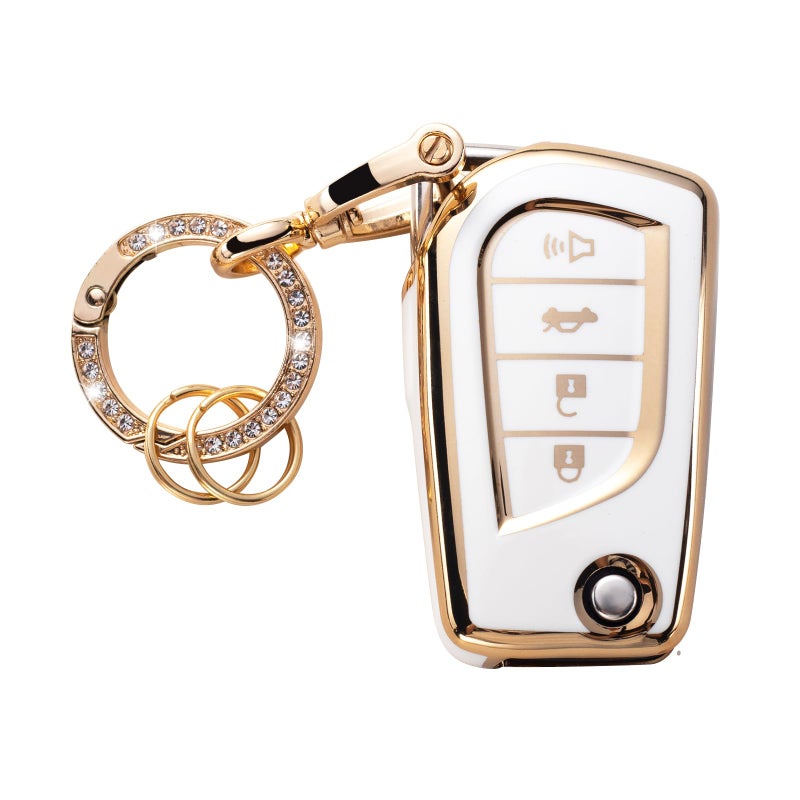 Gematay for Toyota Key Fob Cover with Keychain, Key Shell Cover Holder Compatible Toyota RAV4 Fortuner Tundra Camry Highlander Corolla Smart Key Fob, White - Image 1