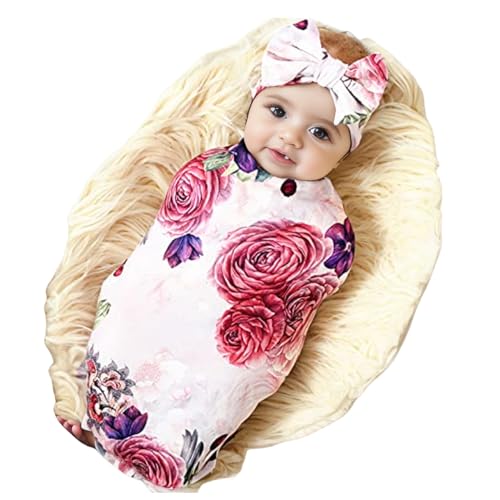 Galabloomer Newborn Receiving Blanket Headband Set Baby Flower Rose Swaddle with Big Bow Nostalgia Rose - Image 1