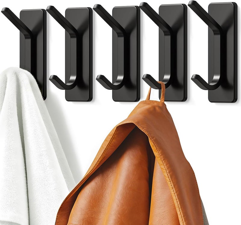 Auxmir Self Adhesive Hooks 15lbs Heavy Duty, 5 Pack Stainless Steel Wall Hooks for Coat Towel Robe, Waterproof Rustproof Oilproof, No Drill Door Hanger for Bathroom Shower Kitchen Office RV, Black - Image 2