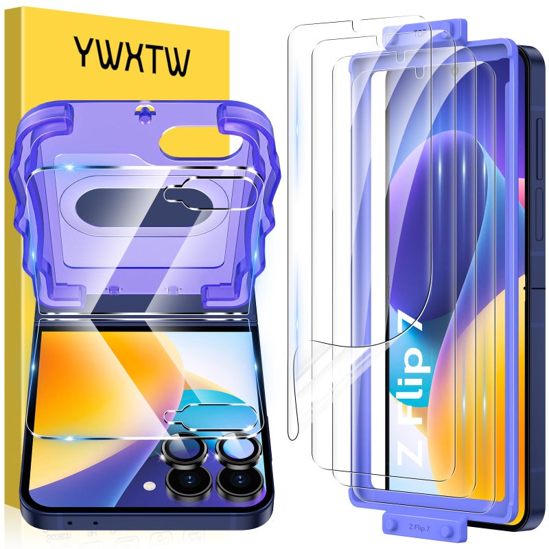 YWXTW EZ Alignment for Samsung Galaxy Z Flip 7 Screen Protector, [Strengthen Crease Test] 4Pcs Inner Soft EPU Film+2Pcs Front Display Tempered Glass+1 Set Camera lens Protector, Anti Scratch - Image 1