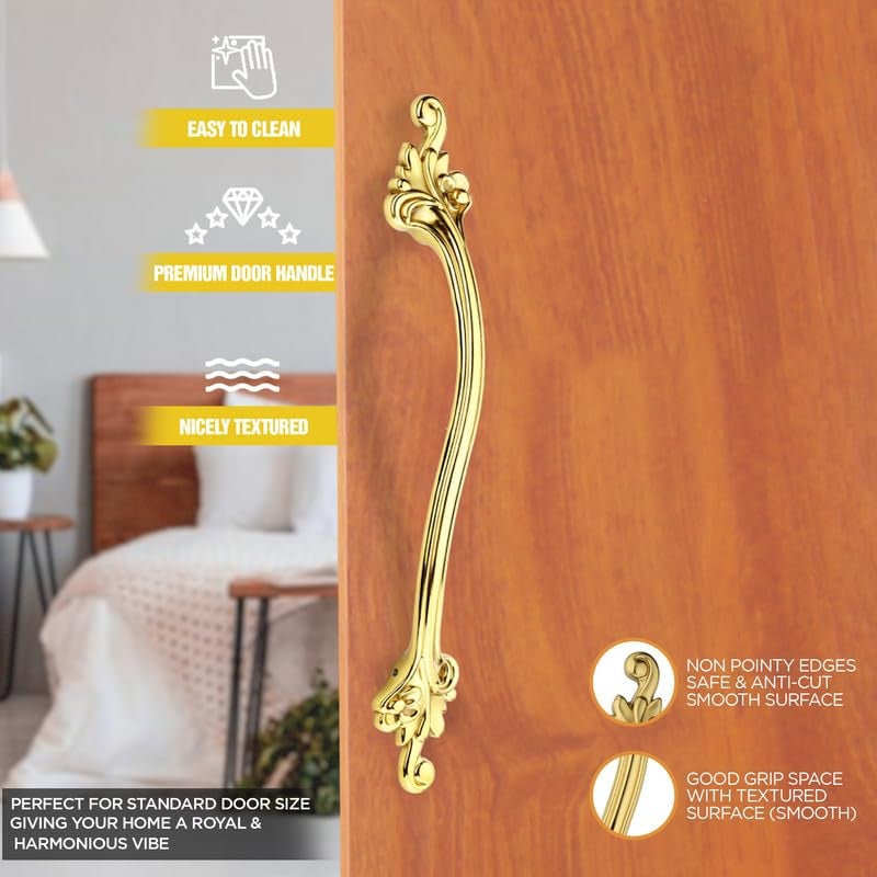GLOXY Premium Gold 14” Flower Design Push & Pull Aluminium Main Door Handle with 8” Hole-to-Hole Spacing for Glass & Wooden Door Handle for Home, Offices, Banquet Hall & Restaurant - Pack of 1 - Image 2