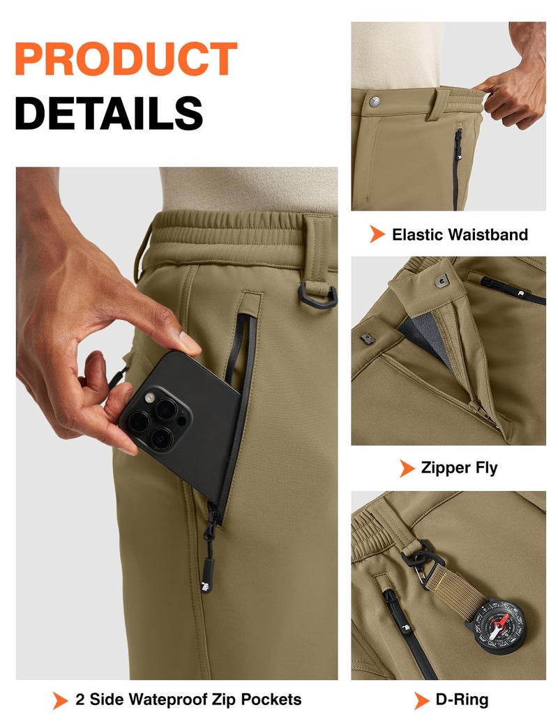 TBMPOY Mens Snow Ski Pants Waterproof Fleece Lined Winter Insulated Softshell Outdoor Snowboard Skiing Hiking Zipper Bottom Leg Khaki 32 - Image 2