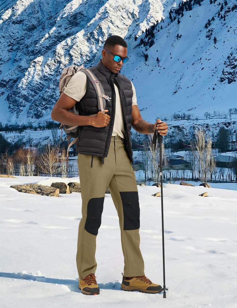 TBMPOY Mens Snow Ski Pants Waterproof Fleece Lined Winter Insulated Softshell Outdoor Snowboard Skiing Hiking Zipper Bottom Leg Khaki 32 - Image 3