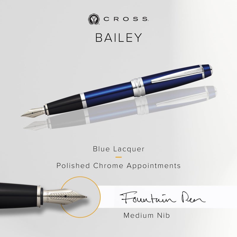 Cross Bailey Refillable Fountain Pen, Medium Nib, Includes Premium Gift Box - Blue Lacquer - Image 2
