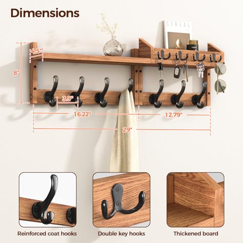 Evermagin 29" Coat Rack Wall Mount with Shelf, 4 in 1 Wall Mounted Coat and Key Hanger with 11 Hooks, Entryway Key Holder with Mail Holder for Living Room, Bedroom - Image 2
