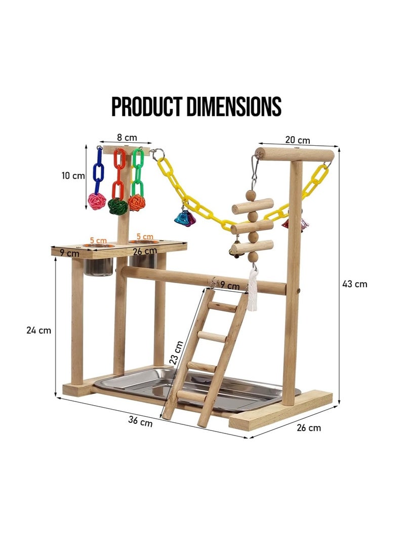NNC PETS Wooden bird stand, Interactive bird play stand with Standing perch, Stainless steel bowls, Colorful toys, Climbing ladder, Detachable tray, and Non-slip bottom, Ideal for small birds 43 cm (Beige) - Image 2