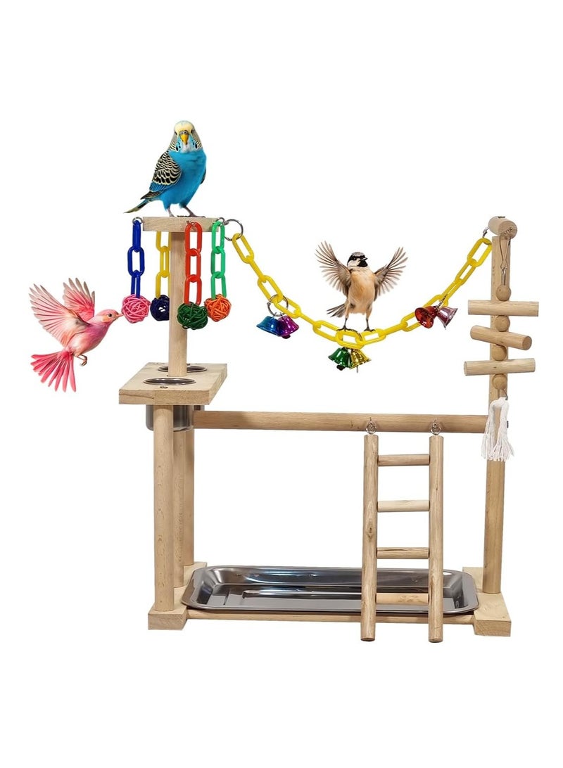NNC PETS Wooden bird stand, Interactive bird play stand with Standing perch, Stainless steel bowls, Colorful toys, Climbing ladder, Detachable tray, and Non-slip bottom, Ideal for small birds 43 cm (Beige) - Image 1