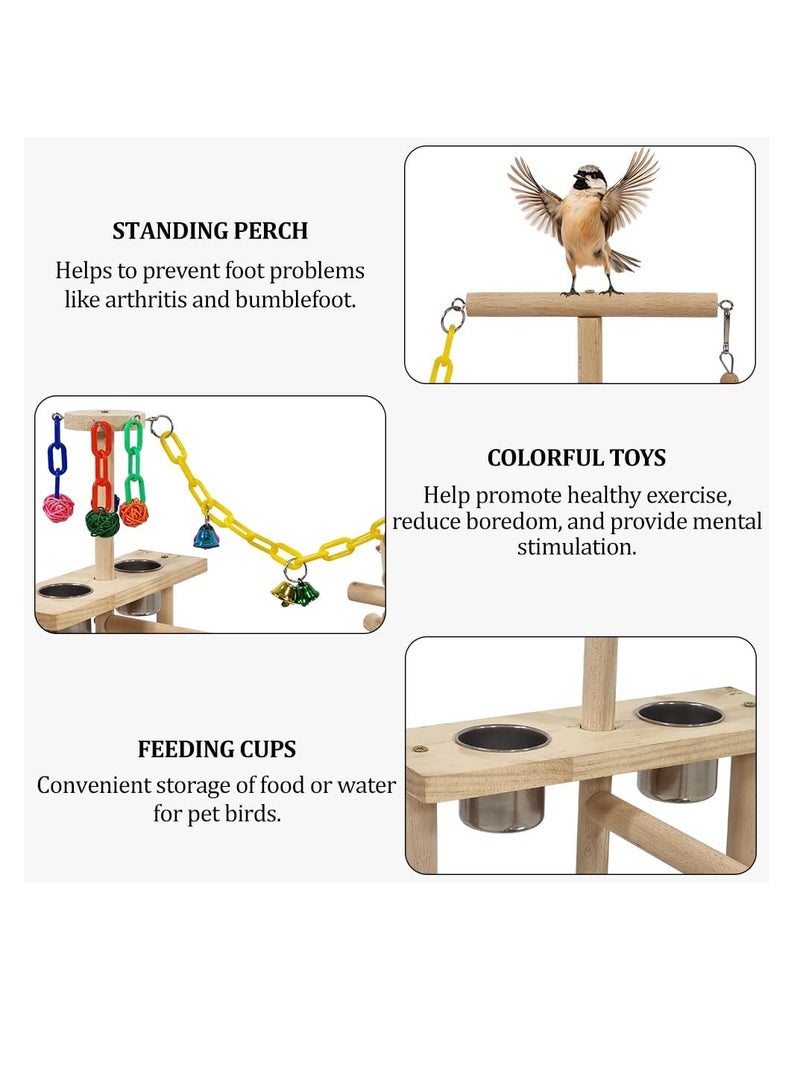 NNC PETS Wooden bird stand, Interactive bird play stand with Standing perch, Stainless steel bowls, Colorful toys, Climbing ladder, Detachable tray, and Non-slip bottom, Ideal for small birds 43 cm (Beige) - Image 3
