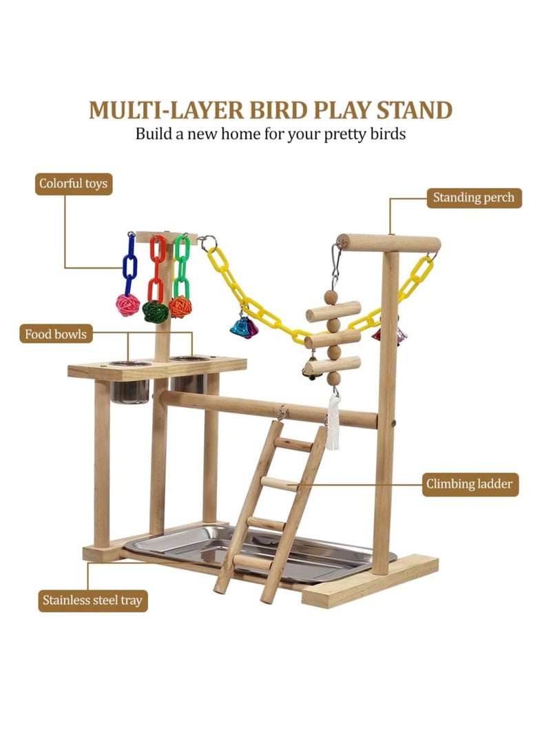 NNC PETS Wooden bird stand, Interactive bird play stand with Standing perch, Stainless steel bowls, Colorful toys, Climbing ladder, Detachable tray, and Non-slip bottom, Ideal for small birds 43 cm (Beige) - Image 5
