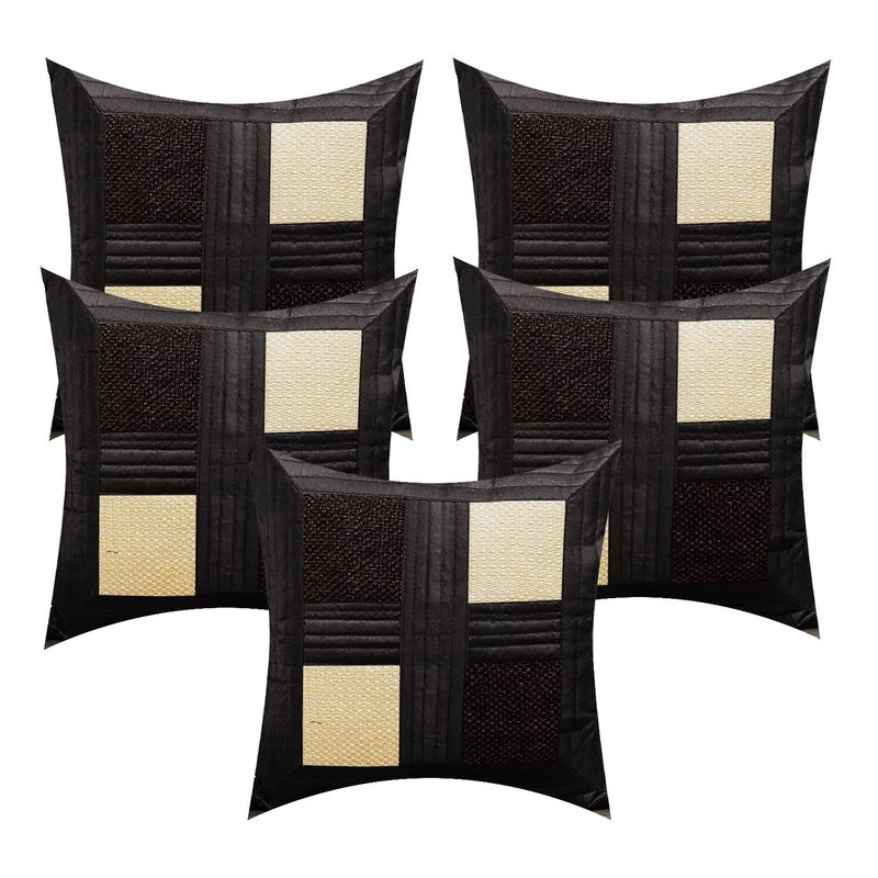 BUNIO Jute and Dupion Silk Box Design Cushion Covers 16 x 16 inches Set of 5 Pieces Black - Image 1