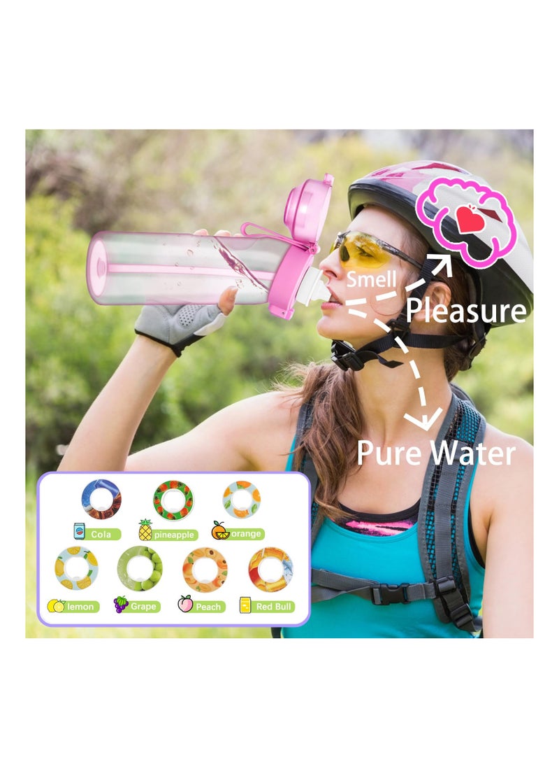 XiuWoo - 650ML Water Bottle With Straw, Fruit Fragrance Water Bottle with Air Flavour Pods, 0% Sugar BPA Free , Sports Water Bottle Suitable for Outdoor Sports (Pink+7Pods) - Image 1