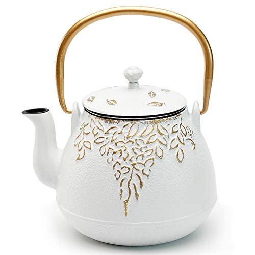 toptier TOPTIER Japanese Cast Iron Tea Kettle with InfuserTeapot Stovetop Safe Leaf Design  Coated with Enameled Interior for 32 Ounce 950 ml White