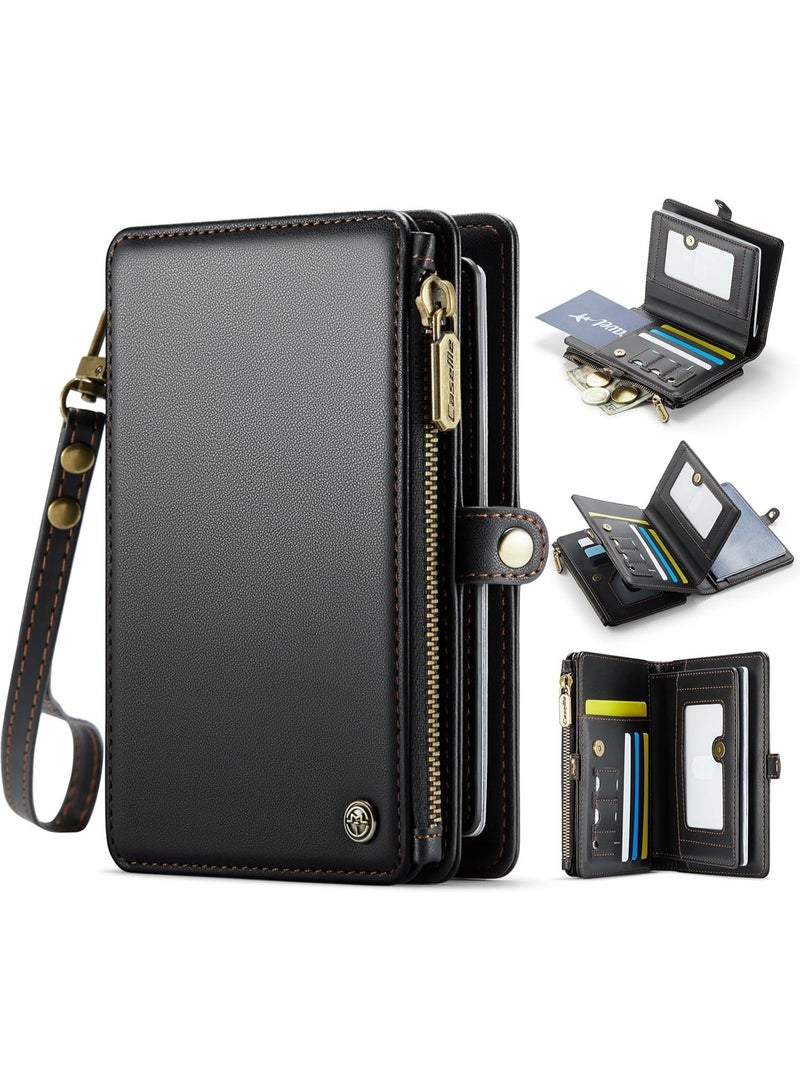 XIMAND حقيبة حامل جواز السفر Ximand مع 11 فتحة للبطاقات وجيب بسحاب لجواز السفر والنقود والصور وحزام معصم مانع لتقنية RFID للسفر - Image 1