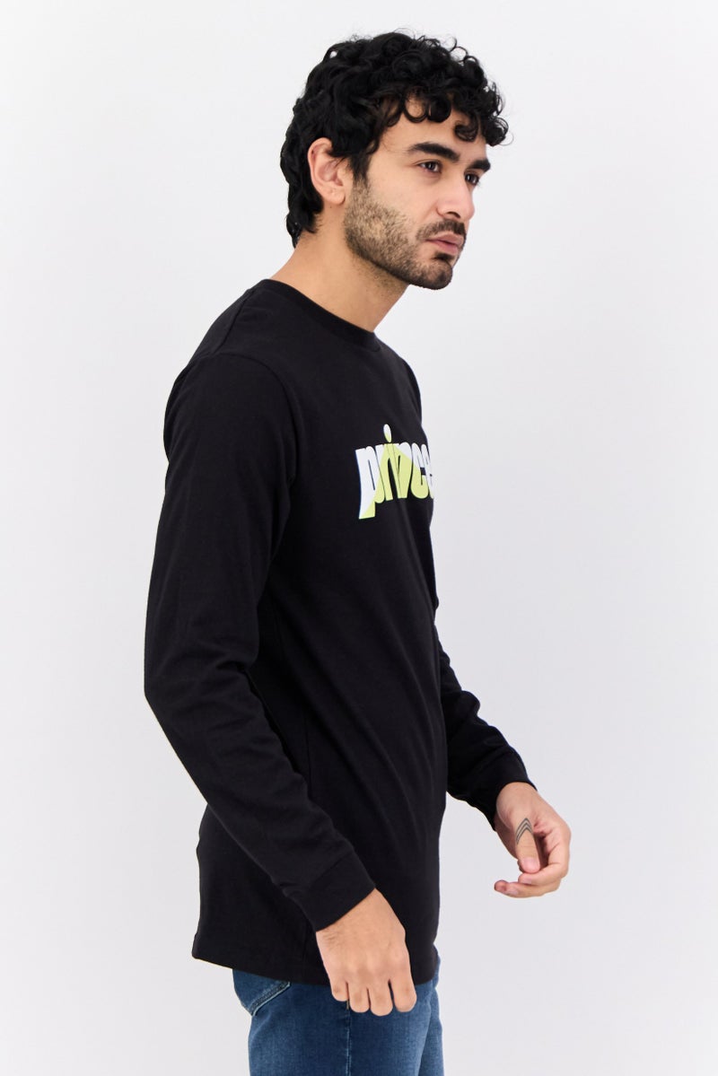 Prince Men Crew Neck Long Sleeves Brand Logo Print T-Shirt, Black - Image 2