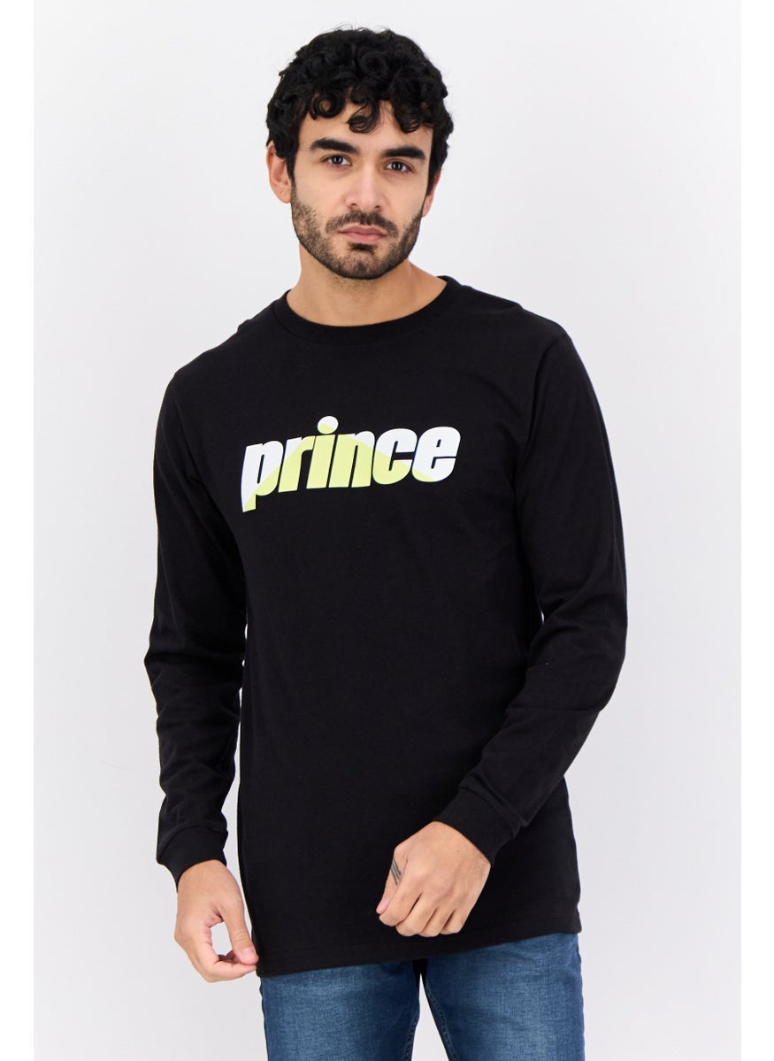 Prince Men Crew Neck Long Sleeves Brand Logo Print T-Shirt, Black  - Image 1