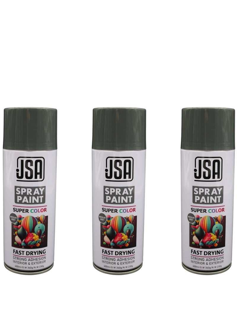 جي اس ايه مجموعة مكونة من 3 عبوات طلاء رذاذ باللون الرمادي ، متعددة الاستخدامات بسعة 400 مل لكل عبوة، تتميز بسرعة الجفاف، ومناسبة للاستخدام على الخشب، البلاستيك، والمعادن. مثالية للاستخدام الداخلي والخارجي، وتناسب الأعمال اليدوية، دهان السيارات، والمشاريع الفنية والحرفية." - Image 1