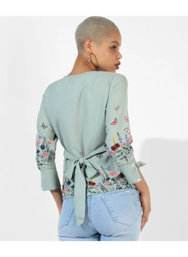 كامبوس سوترا Women's Sage Green Printed Regular Fit Top