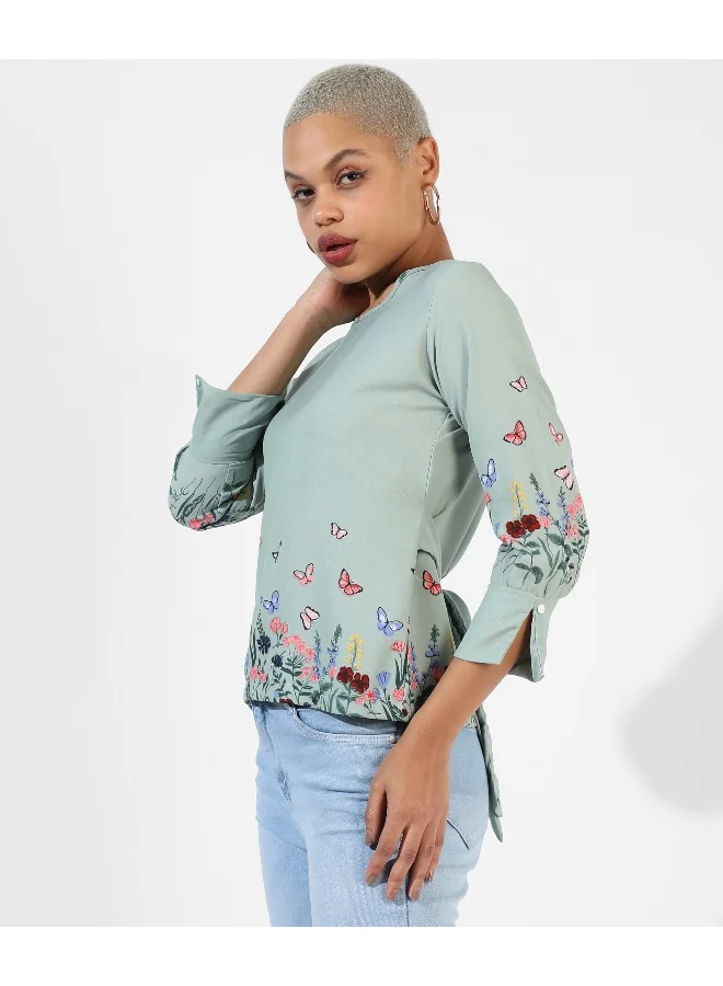 كامبوس سوترا Women's Sage Green Printed Regular Fit Top