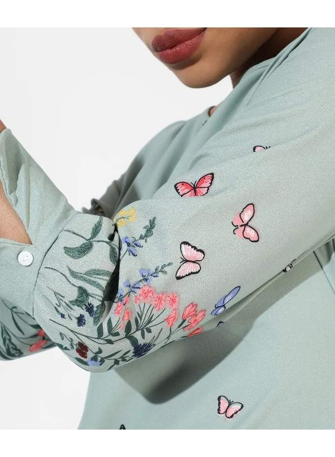 كامبوس سوترا Women's Sage Green Printed Regular Fit Top