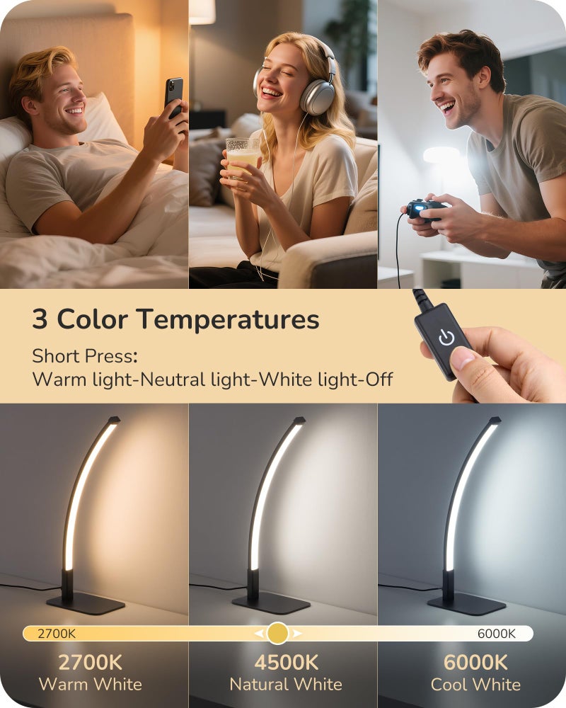 EDISHINE Curved LED Table Lamp, Modern Bedside Lamp with 3 Color Temperature & Stepless Dimming, Aluminum & Iron, Nightstand Lamp for Bedroom, Living Room, Black - Image 4