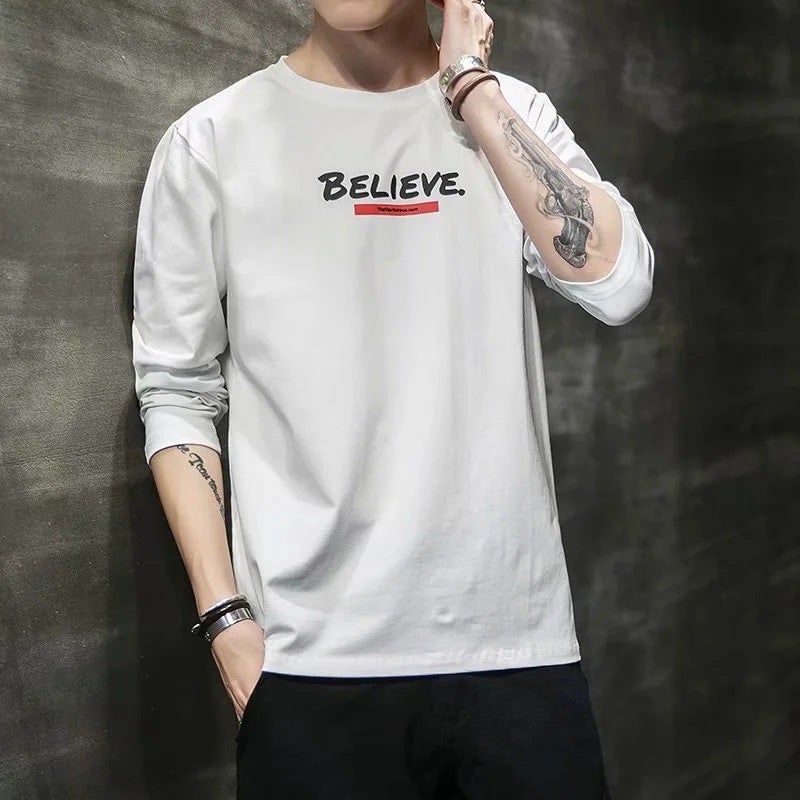 2020 Mens Long-Sleeve Casual Tee Autumn Winter White 6005  - Image 4