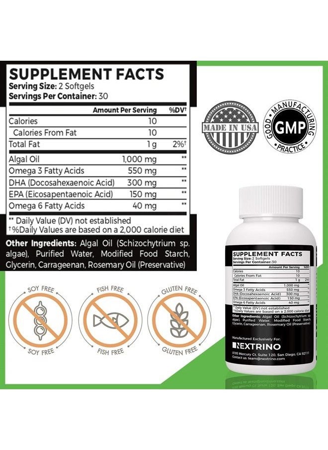 Nextrino - Vegan Omega 3 Supplement (60 Softgels), Algal Oil with DHA EPA, Organic Omega3 6 Fatty Acids from Algae, Plant Based Vegetarian Alternative to Fish Oil, Supports Heart Brain Health - Image 1