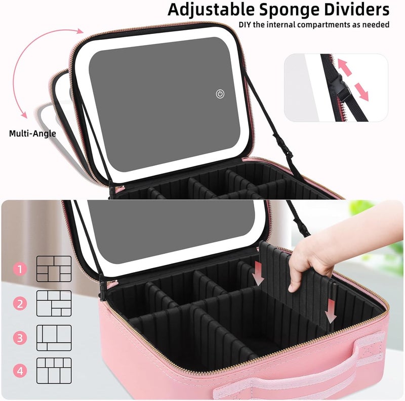 Travel Makeup Bag with Large Lighted Mirror - 3 Color Lighting Modes & Adjustable Brightness - Professional Cosmetic Organizer Box - Waterproof PU Leather Train Case - Pink - Image 4