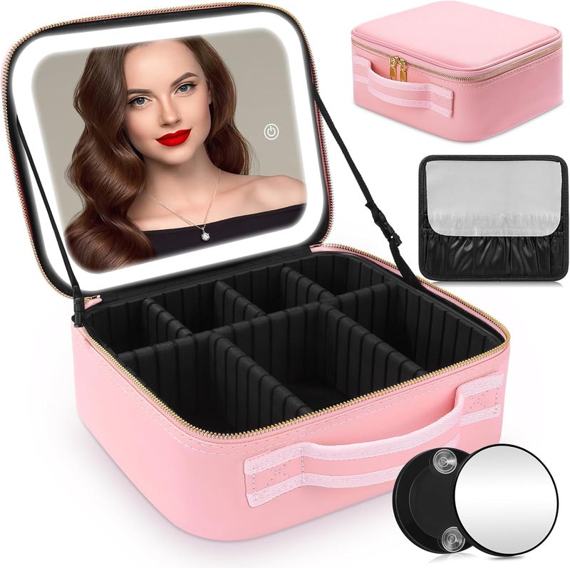 Travel Makeup Bag with Large Lighted Mirror - 3 Color Lighting Modes & Adjustable Brightness - Professional Cosmetic Organizer Box - Waterproof PU Leather Train Case - Pink - Image 1