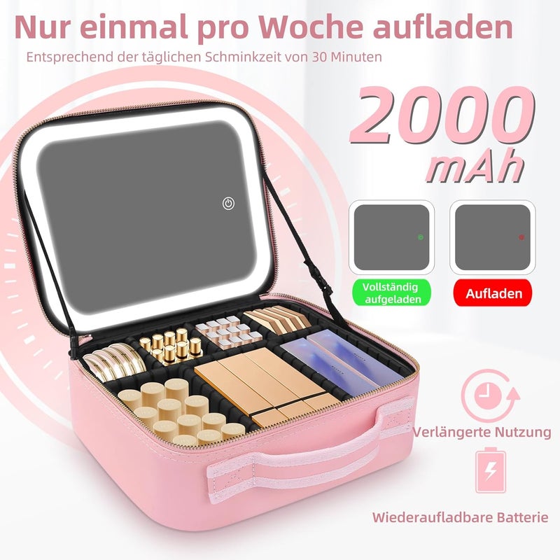 Travel Makeup Bag with Large Lighted Mirror - 3 Color Lighting Modes & Adjustable Brightness - Professional Cosmetic Organizer Box - Waterproof PU Leather Train Case - Pink - Image 5