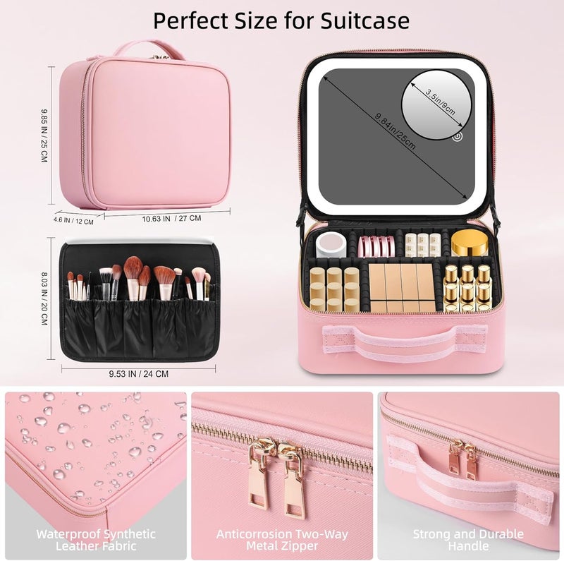 Travel Makeup Bag with Large Lighted Mirror - 3 Color Lighting Modes & Adjustable Brightness - Professional Cosmetic Organizer Box - Waterproof PU Leather Train Case - Pink - Image 2