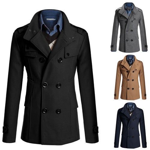 2015 New Mens Wool Trench Coat Black