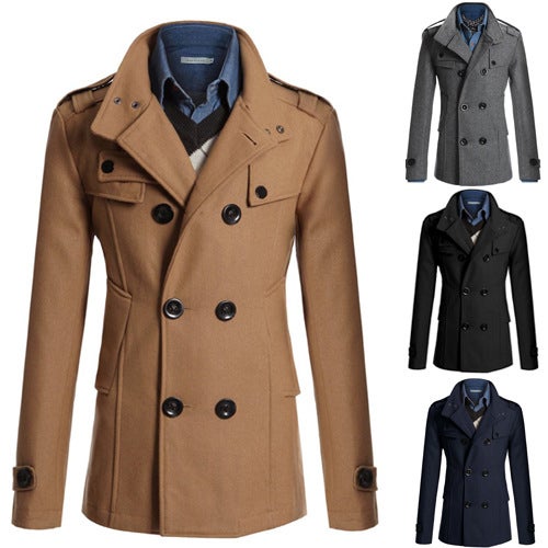 2015 New Mens Wool Trench Coat Black