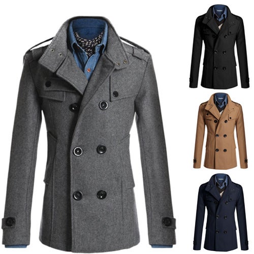 2015 New Mens Wool Trench Coat Black