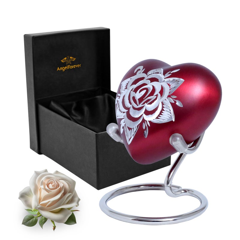 ANGELFOREVER Rose Heart Urns for Human Ashes Adult Female  Male  Handcrafted Small Urn Heart Shaped Metallic  Funeral Rose Urn for Ashes Men  Women  Decorative Heart Urn Stand Red Small