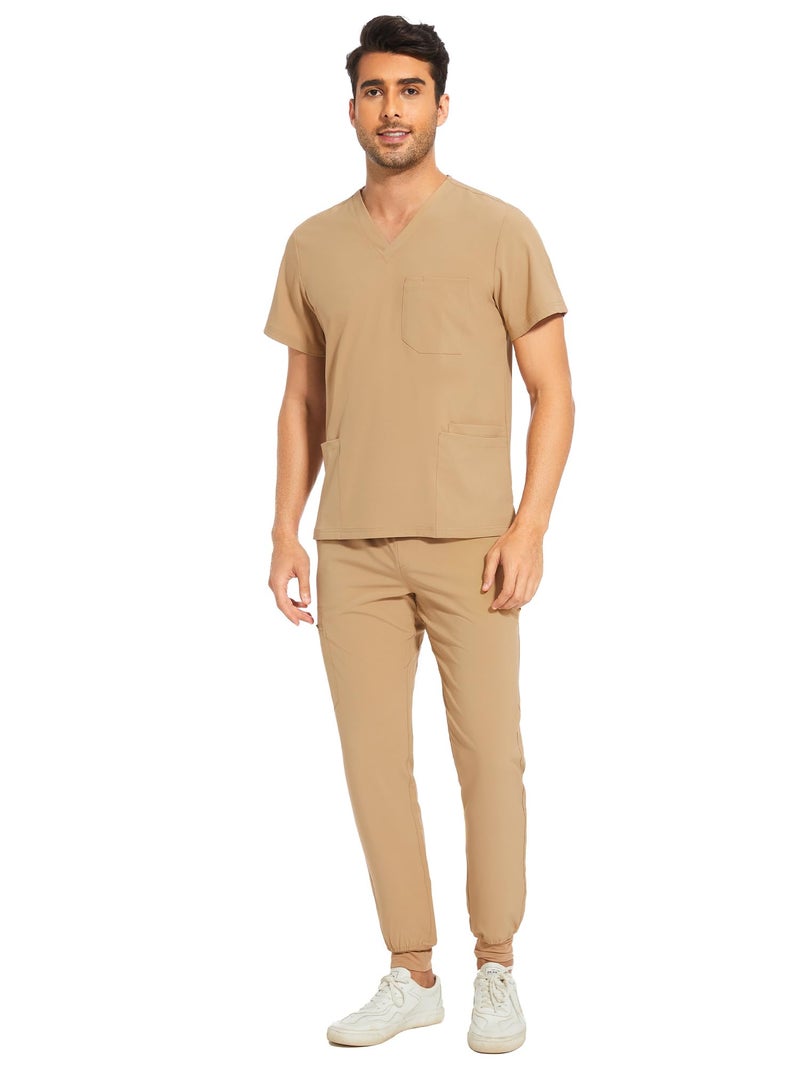 COZYFIT Men Scrubs Set — Stretch V-Neck Scrub Top & Jogger Pant with 8 Pockets, Yoga Waistband, Anti-Wrinkle Scrubs for Men - Khaki, M - Image 1