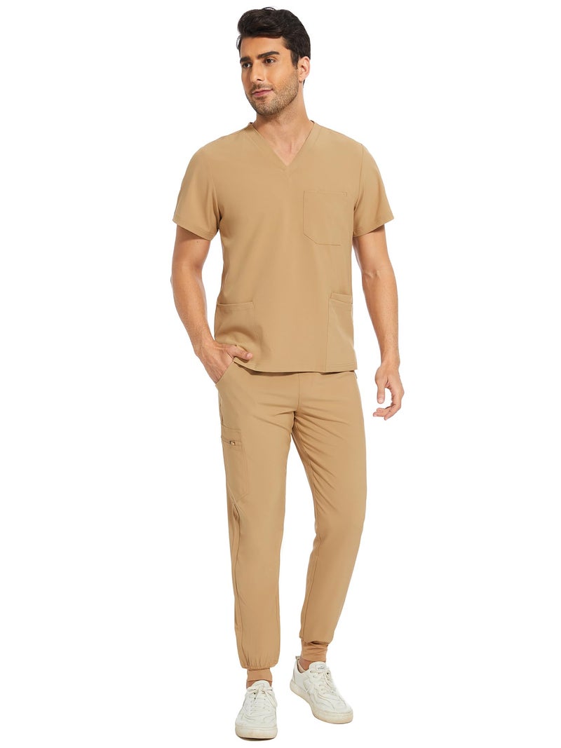 COZYFIT Men Scrubs Set — Stretch V-Neck Scrub Top & Jogger Pant with 8 Pockets, Yoga Waistband, Anti-Wrinkle Scrubs for Men - Khaki, M - Image 3