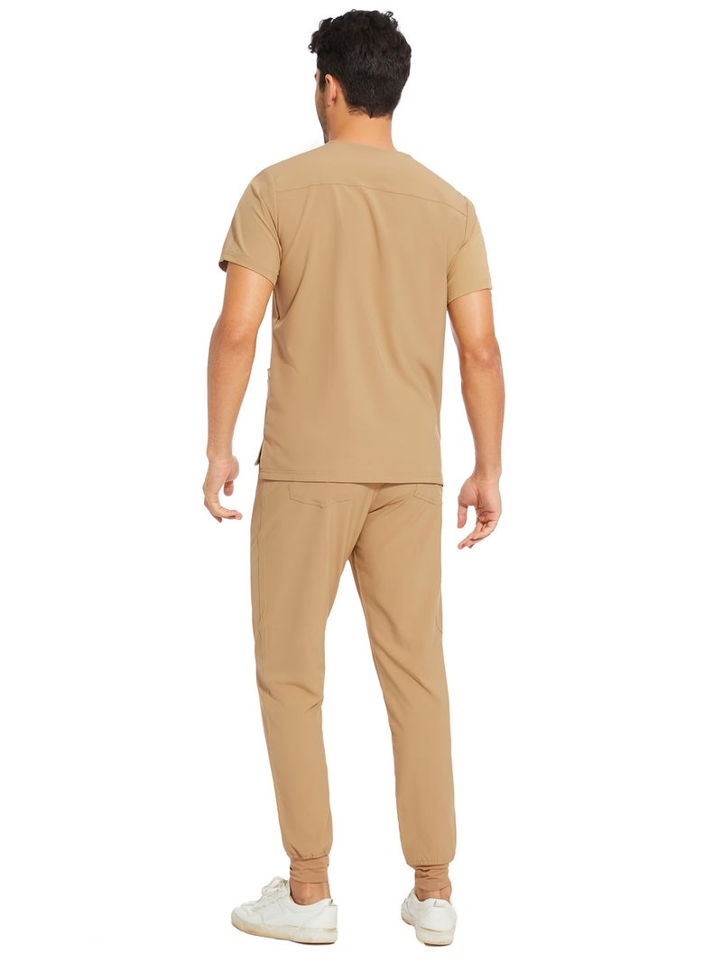 COZYFIT Men Scrubs Set — Stretch V-Neck Scrub Top & Jogger Pant with 8 Pockets, Yoga Waistband, Anti-Wrinkle Scrubs for Men - Khaki, M - Image 2