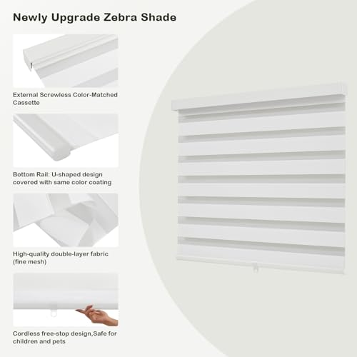 Dephora Cordless Zebra Blinds for Windows,Free-Stop Roller Zebra Shades,Light Filtering Blinds for Indoor windows with Upgraded Cassette,Pull Down Privacy Window Shades for Home (25" W x 72" H, White) - Image 3