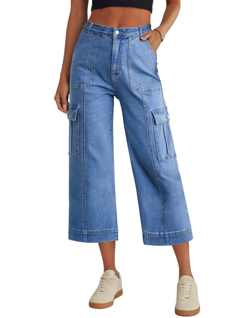 Eddoyee Cargo Capri Pants for Women High Waisted 6 Pockets Stretchy Straight Wide Leg Cropped Denim Jeans Pants Loose Fit(Blue Jeans, Large) - Image 1
