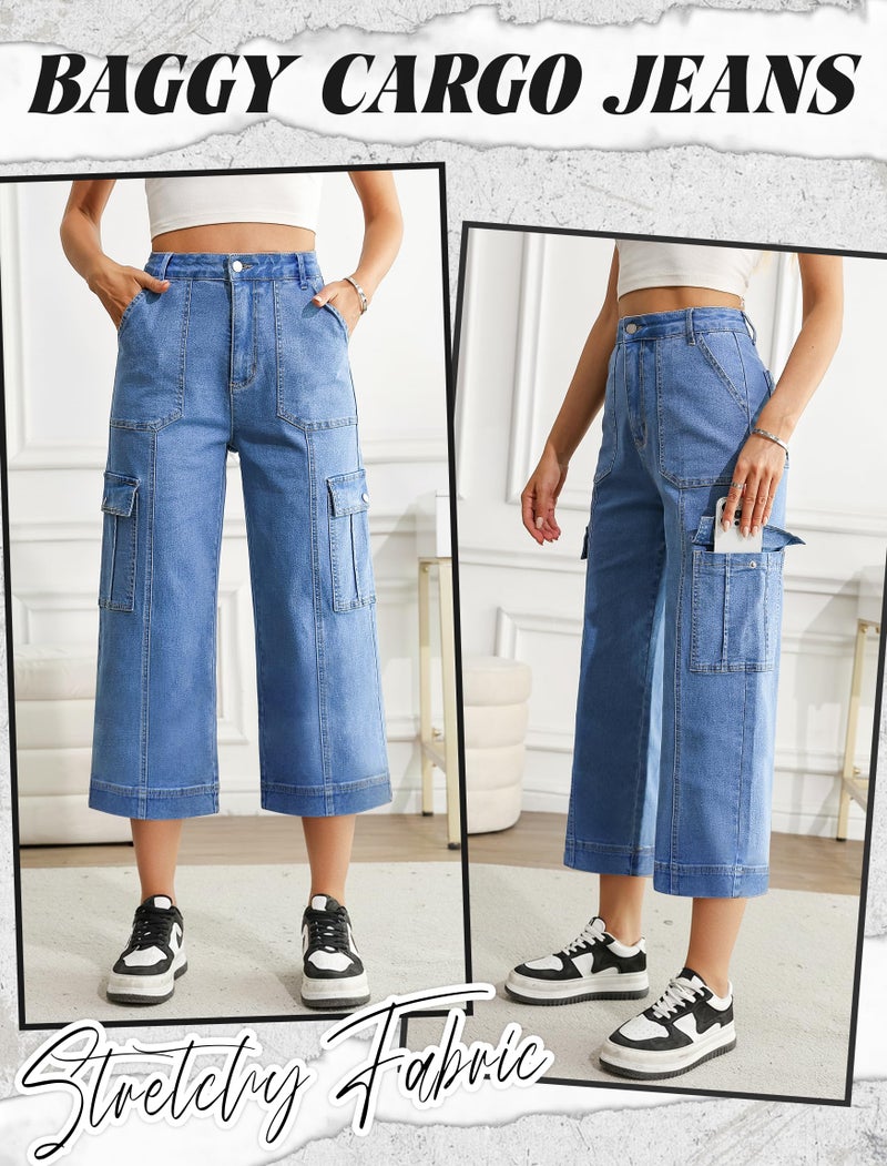 Eddoyee Cargo Capri Pants for Women High Waisted 6 Pockets Stretchy Straight Wide Leg Cropped Denim Jeans Pants Loose Fit(Blue Jeans, Large) - Image 5