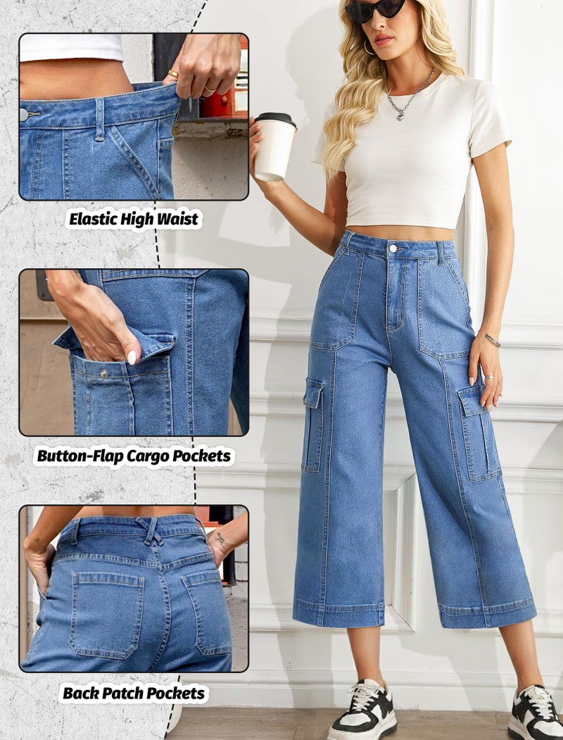 Eddoyee Cargo Capri Pants for Women High Waisted 6 Pockets Stretchy Straight Wide Leg Cropped Denim Jeans Pants Loose Fit(Blue Jeans, Large) - Image 4