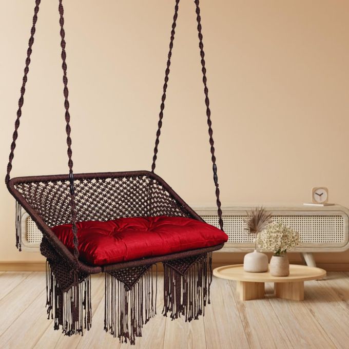 Patiofy Premium Large Double Seater Swing ChairHammock Hanging Swing Chair 2 Seater Swing for BalconyJhula for AdultsIncludes Hanging Kit Red Sitting Cushion Brown