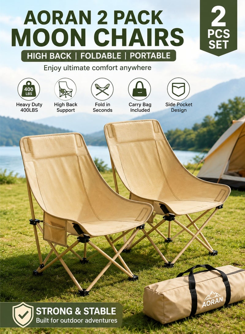AORAN 2 Pack Folding Moon Chairs High Back Camping Chairs Portable Heavy Duty Outdoor Chairs with Side Pocket Carry Bag for Camping Fishing Beach Picnic Garden - Image 1