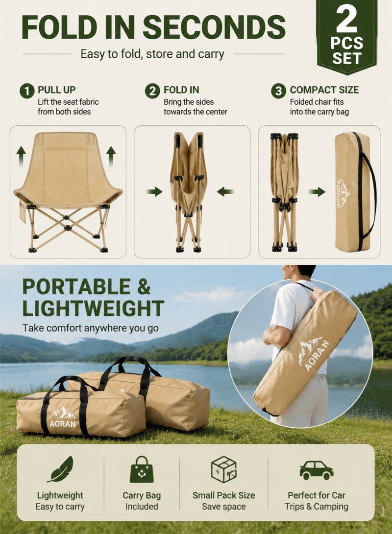 AORAN 2 Pack Folding Moon Chairs High Back Camping Chairs Portable Heavy Duty Outdoor Chairs with Side Pocket Carry Bag for Camping Fishing Beach Picnic Garden - Image 5