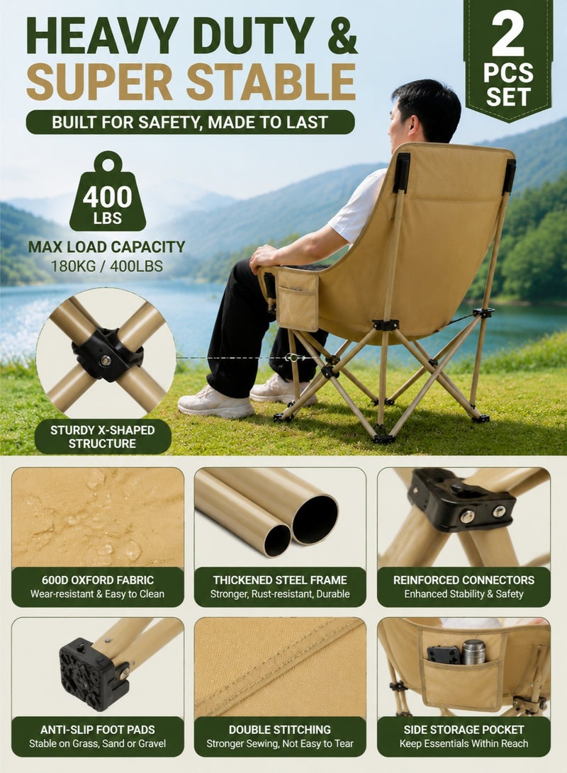 AORAN 2 Pack Folding Moon Chairs High Back Camping Chairs Portable Heavy Duty Outdoor Chairs with Side Pocket Carry Bag for Camping Fishing Beach Picnic Garden - Image 4