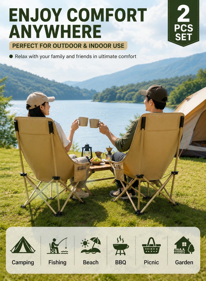 AORAN 2 Pack Folding Moon Chairs High Back Camping Chairs Portable Heavy Duty Outdoor Chairs with Side Pocket Carry Bag for Camping Fishing Beach Picnic Garden - Image 2